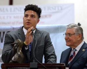 Redlands East Valley High School's Jaelan Phillips shares a few words after receiving the Ken Hubbs Award on Monday, May 15, 2017 at Colton High School in Colton, Ca. (Micah Escamilla, Redlands Daily Facts/SCNG)
